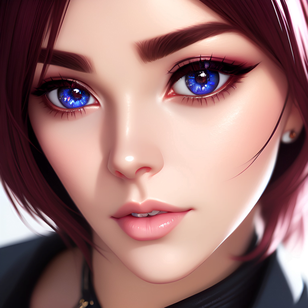Closeup of the face of a teenage girl with short brown hair, thick eyebrows, flawless skin, and insanely beautiful, overly large blue eyes with flecks of all colors dancing in them. Seriously frikkin amazing eyes.