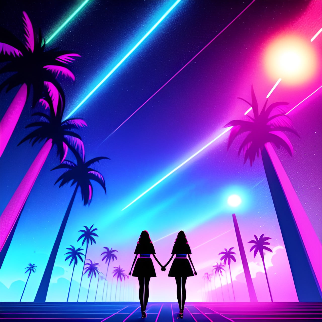 Title: The End of the World With You
Pink and blue Synthwave style image. Two identical silhouetted women with long hair and short skirts hold hands, standing on a typical Synthwave neon grid of glowing pink lines atop a blue pier. The pier is lined with stylized pink and blue palm trees. The last light of sunset tints the clouds on the horizon. Overhead, blue and yellow/pink balls of light that could be shooting stars or could be something else entirely leave bright streaks across the gloaming sky.