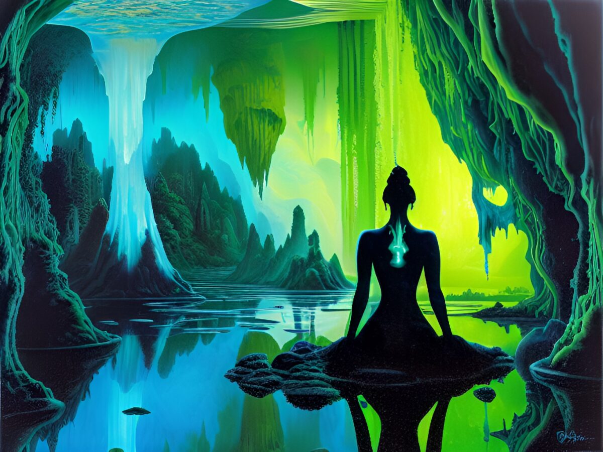 Title: In the Silence of the Grotto
To the right of center, the silhouette of a woman resembling the Indian Buddha is seated in lotus position on a small stone, surrounded by a pool of water in an underground grotto. The woman's heart chakra glows green. The stone walls of the grotto are covered in glowing green fungus, as are distant stalactites. On the left, a column of light blue ice has formed from the joining of an ice stalactite and stalagmite.